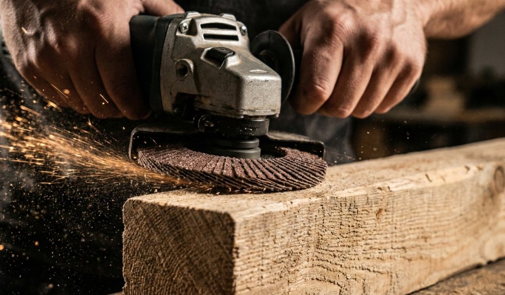 An extreme close-up action shot of a woodworker using an angle grinder fitted with a wood sanding flap disc to shape a piece of raw timber. Glowing sawdust flying off the wood, focusing sharply on the spinning abrasive wheel and the wood grain texture. Cinematic dramatic workshop lighting.