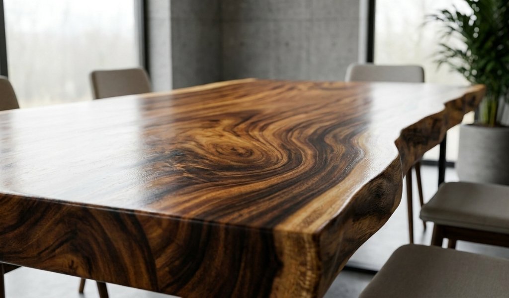 Solid acacia wood live edge dining table showcasing bold exotic grain patterns