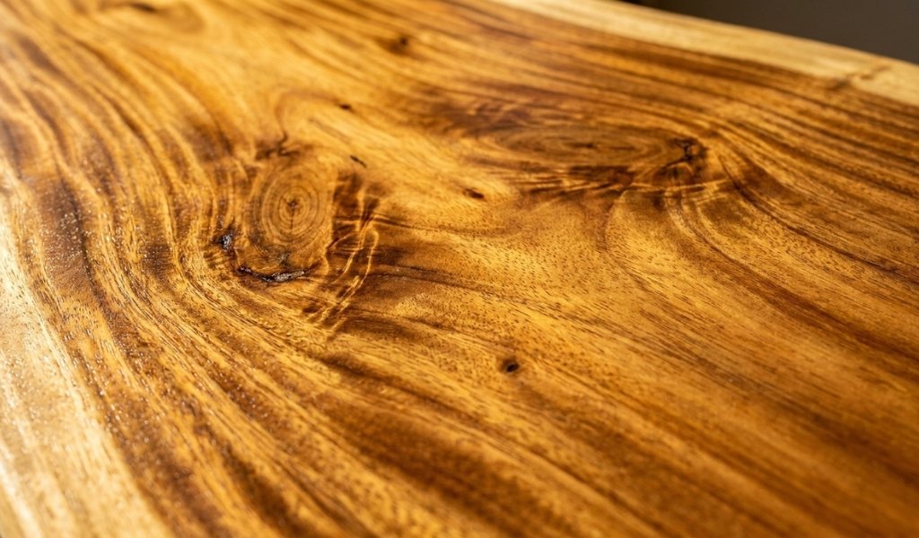 Close up view of acacia wood natural grain pattern and amber tones