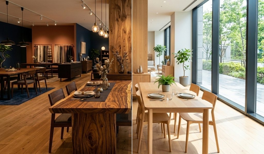acacia wood vs rubberwood dining table comparison showing rich grain and uniform texture