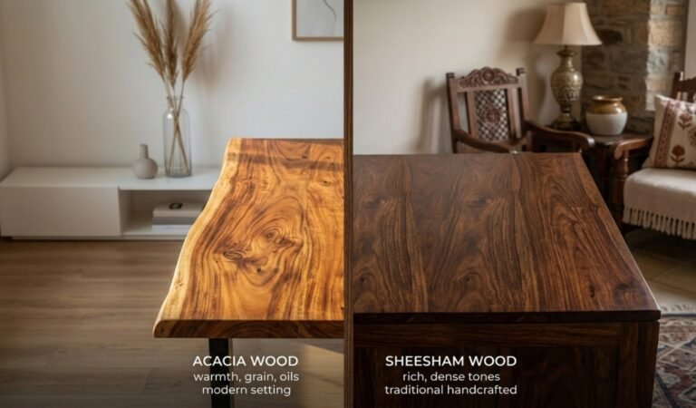Acacia wood vs Sheesham wood comparison showing grain patterns and furniture finish