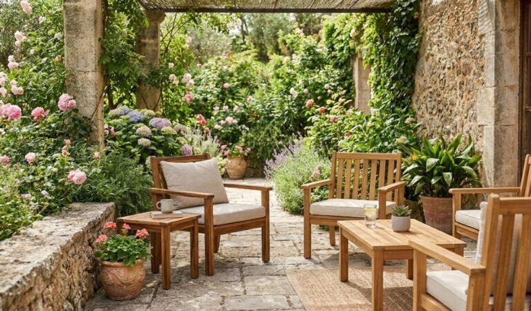 acacia wood vs teak outdoor furniture set on a sunny garden patio