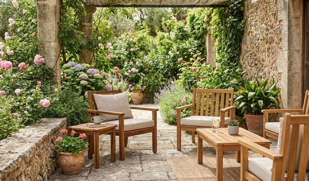 acacia wood vs teak outdoor furniture set on a sunny garden patio
