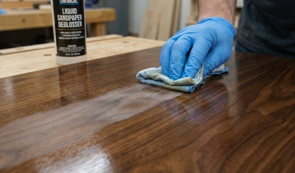 wiping chemical liquid sandpaper deglosser onto sealed wood to remove gloss without sanding