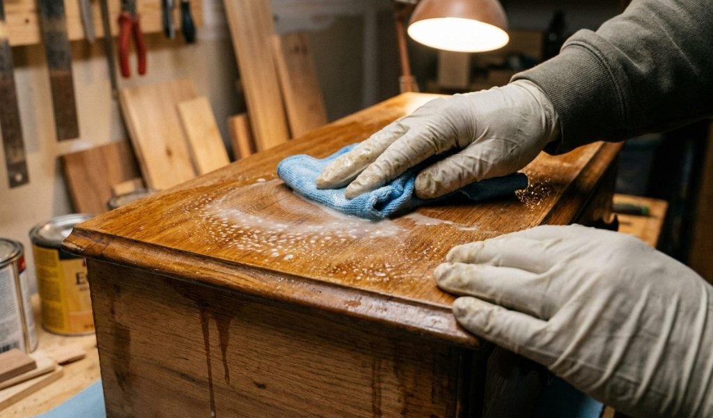 Wiping liquid sandpaper and deglosser onto a wooden furniture surface for chemical adhesion