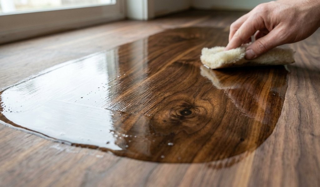 Applying clear protective polyurethane finish coating on freshly sanded wood floor