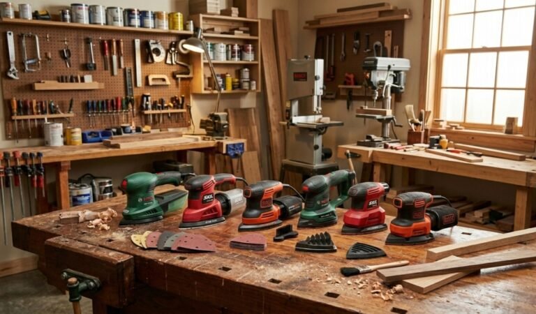 detail sander guide showing various mouse sanders and sanding pads on a workbench