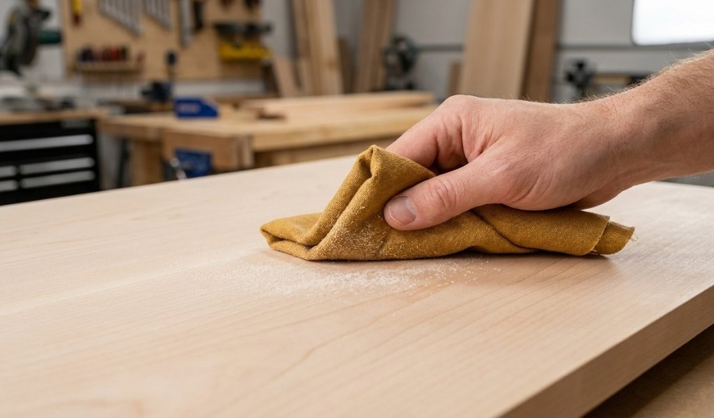 wiping sanding dust off prepared wood with a tack cloth before painting