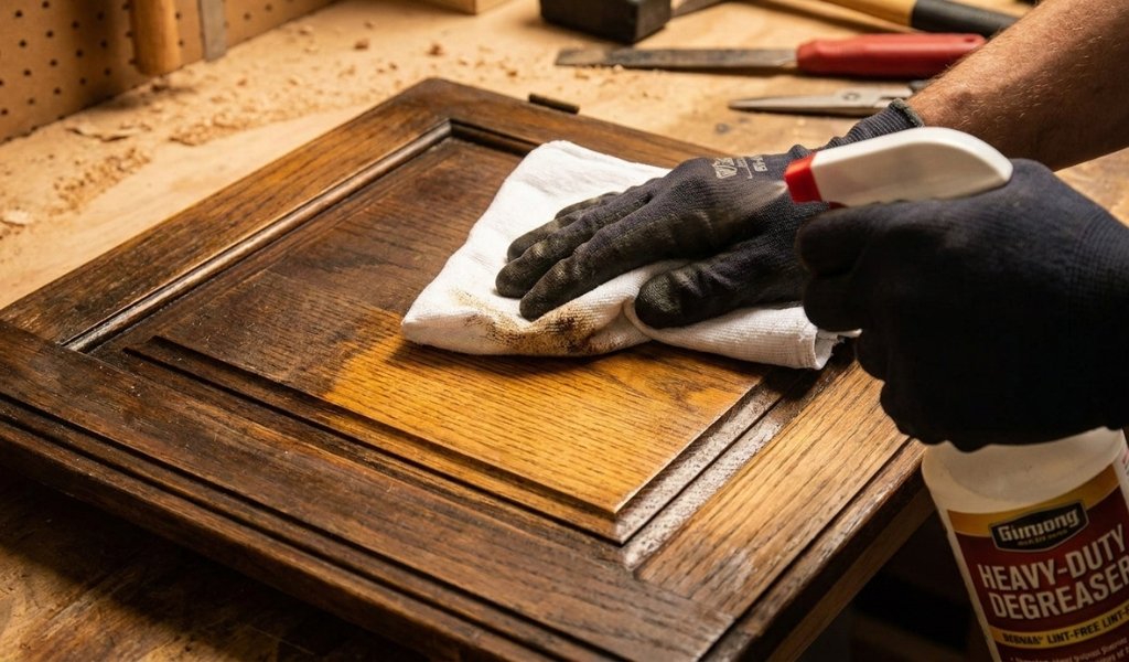 deep cleaning a stained wooden furniture surface with a degreaser before painting without sanding