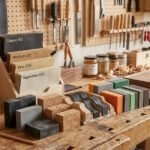 wood sanding block types and accessories arranged on a workshop workbench