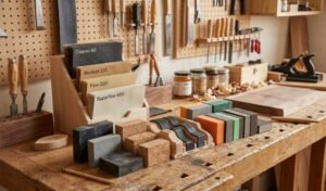 wood sanding block types and accessories arranged on a workshop workbench
