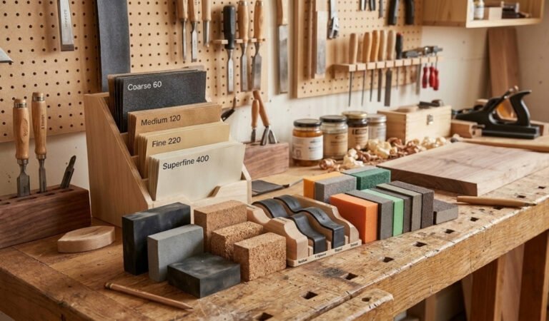 wood sanding block types and accessories arranged on a workshop workbench