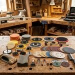 wood sanding kit components laid out on a workbench for woodworking projects