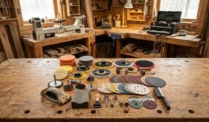 wood sanding kit components laid out on a workbench for woodworking projects