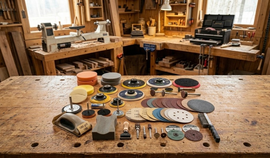 wood sanding kit components laid out on a workbench for woodworking projects