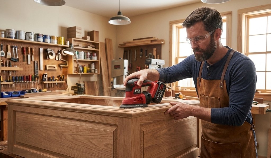 cordless detail sander being used on a woodworking project for ultimate mobility
