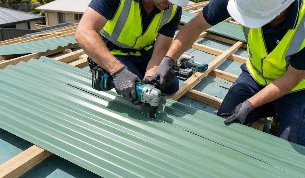 Worker using a cordless metal nibbler to cut corrugated metal roofing panel