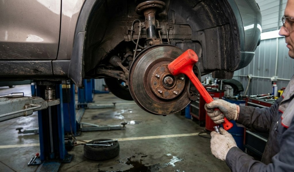 Mechanic using a red dead blow mallet on an automotive brake rotor in garage