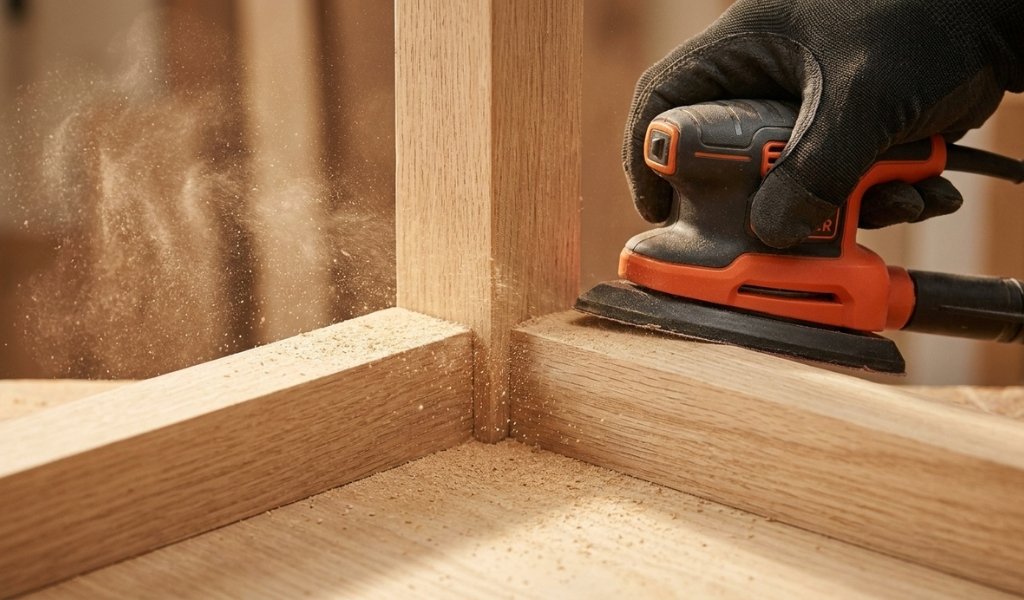 detail sander triangular pad reaching into 90-degree corners for precision sanding