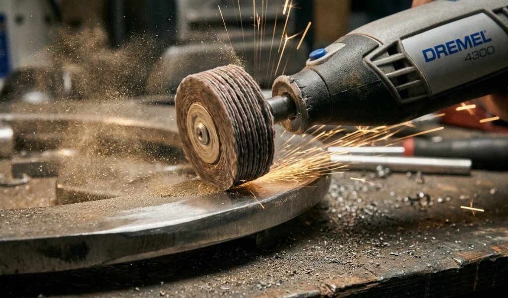 dremel flap wheels and sanding discs used for metal and wood surface blending