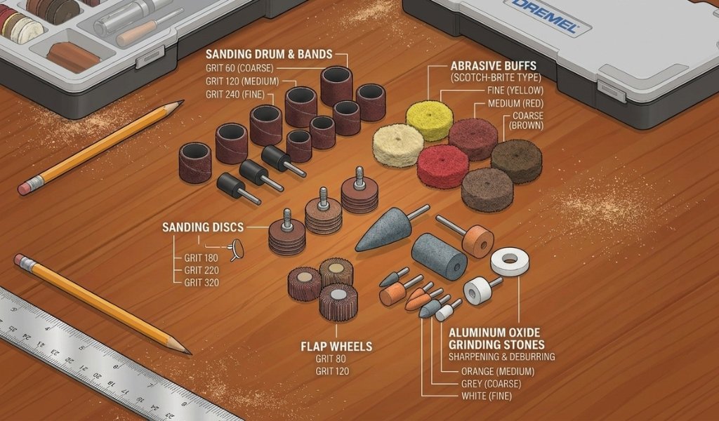 dremel sanding bits guide showing sanding bands, discs, flap wheels, and grinding stones