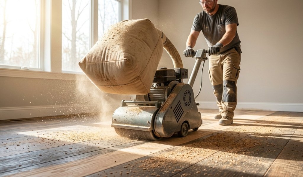 heavy duty drum floor sander stripping old finish from wood flooring