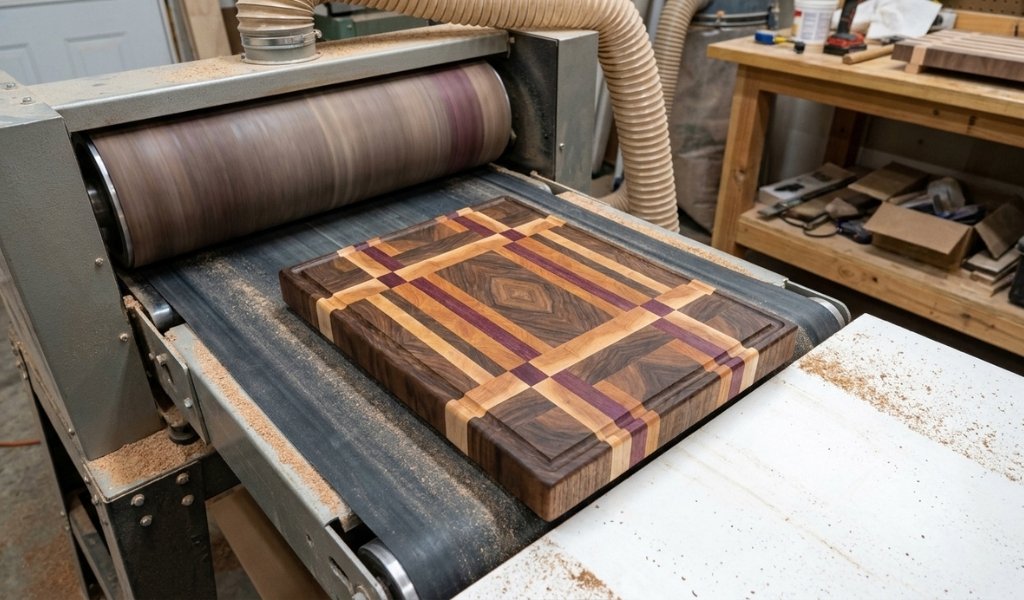 Sanding a complex end grain wooden cutting board smoothly using a drum sander
