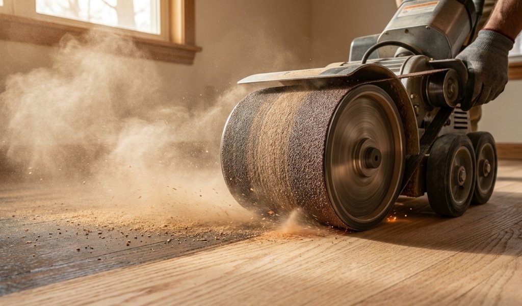 Using a heavy drum sander for rough cutting and stripping old finish on hardwood floors