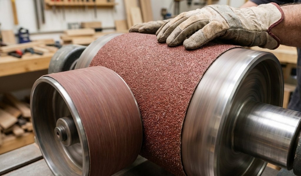 Inspecting abrasive sandpaper wrapped around the metal drum of a woodworking sander