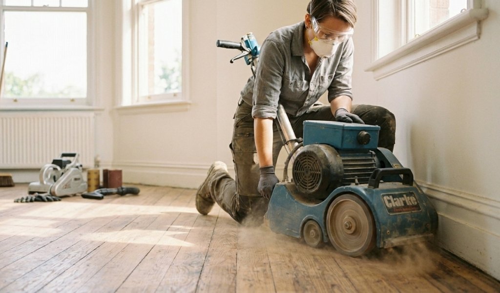 Using a disc edge sander to sand the room perimeter near baseboards