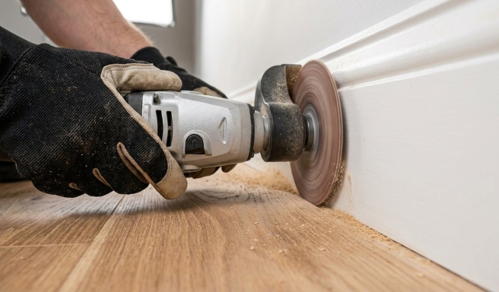 compact edge sander smoothing wooden floorboards near baseboards and tight corners