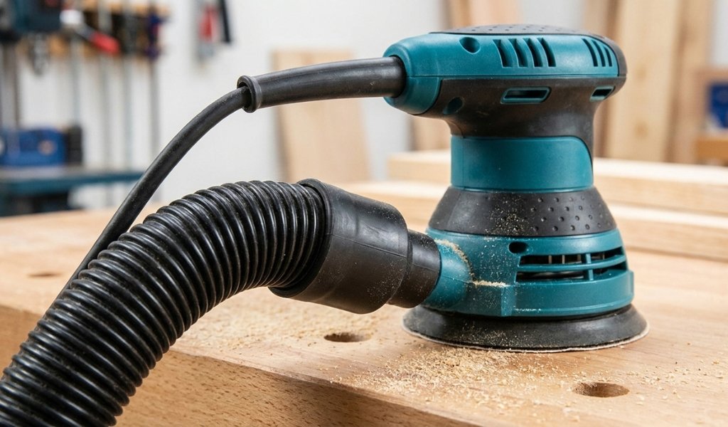 Connecting a shop vacuum hose to an electric sander dust port for dustless sanding