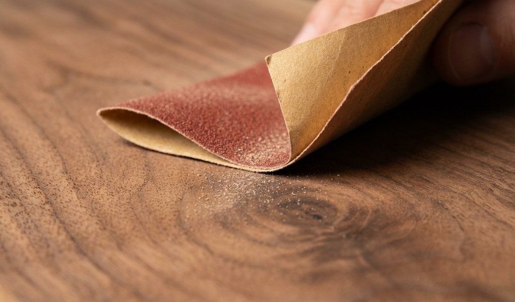 fine grit sandpaper smoothing bare wood for pre-finish preparation
