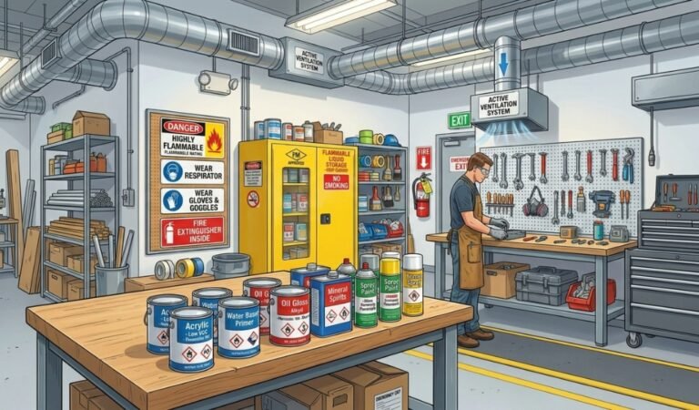 Flammability of paint storage cabinet and safety ventilation in a workshop