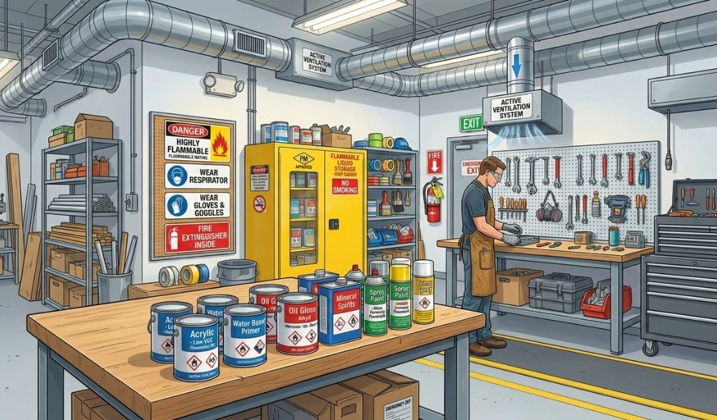 Flammability of paint storage cabinet and safety ventilation in a workshop