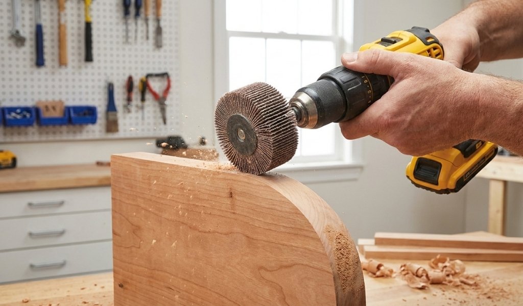 flap wheel sanding drill attachment smoothing wood contours