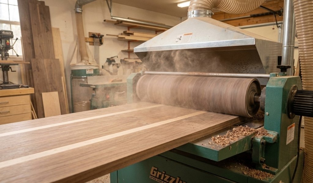 Flattening a wide glued-up wooden tabletop panel using an open-end drum sander