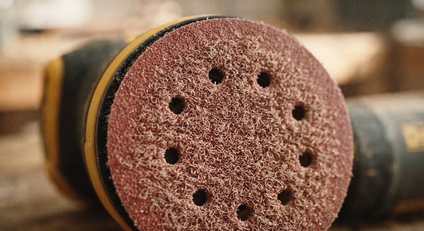 Close-up of a round orbital sander pad with a hook-and-loop sanding disc attached.