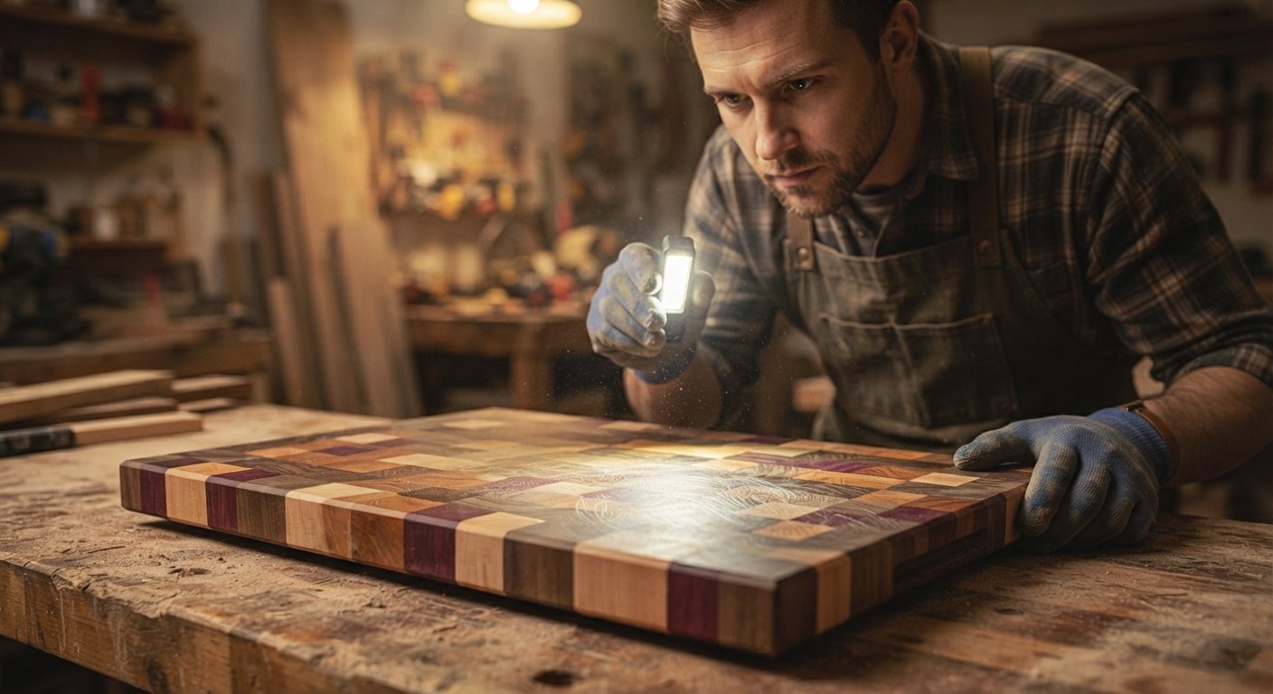 Inspecting an end grain wood surface under a low-angle raking light to check for scratches.