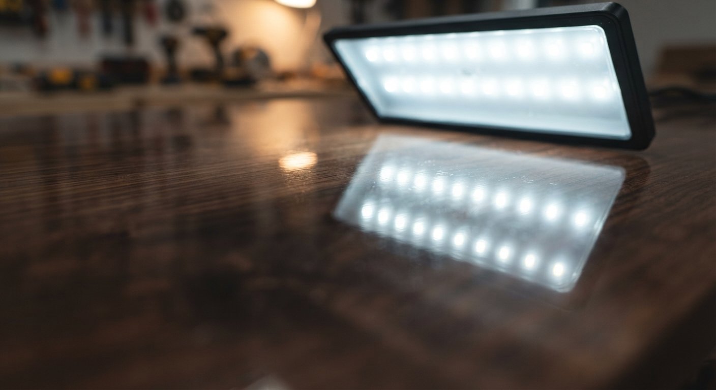 Close-up of a mirror-like, glass-smooth finished wooden tabletop reflecting light.