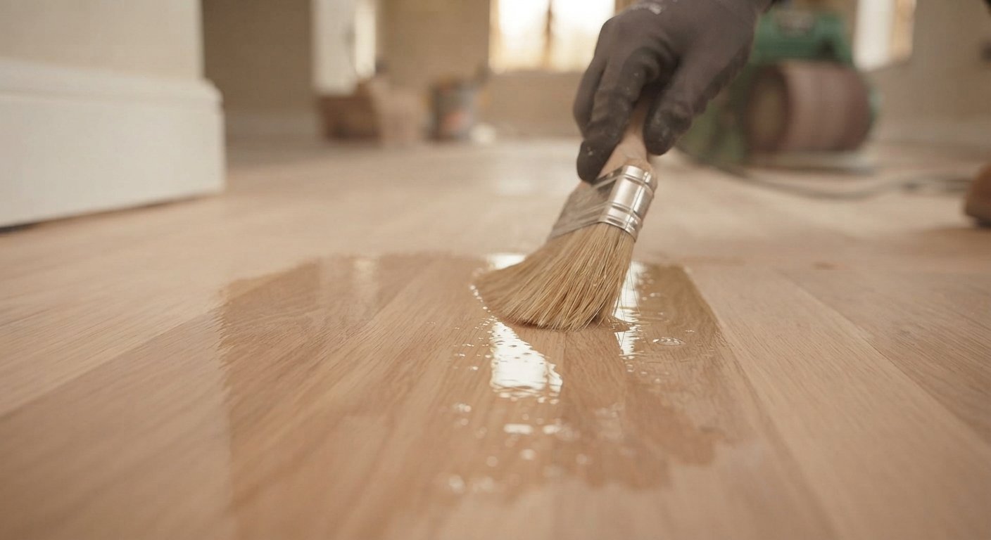 Applying a glossy protective finish to a freshly sanded hardwood floor with a brush.