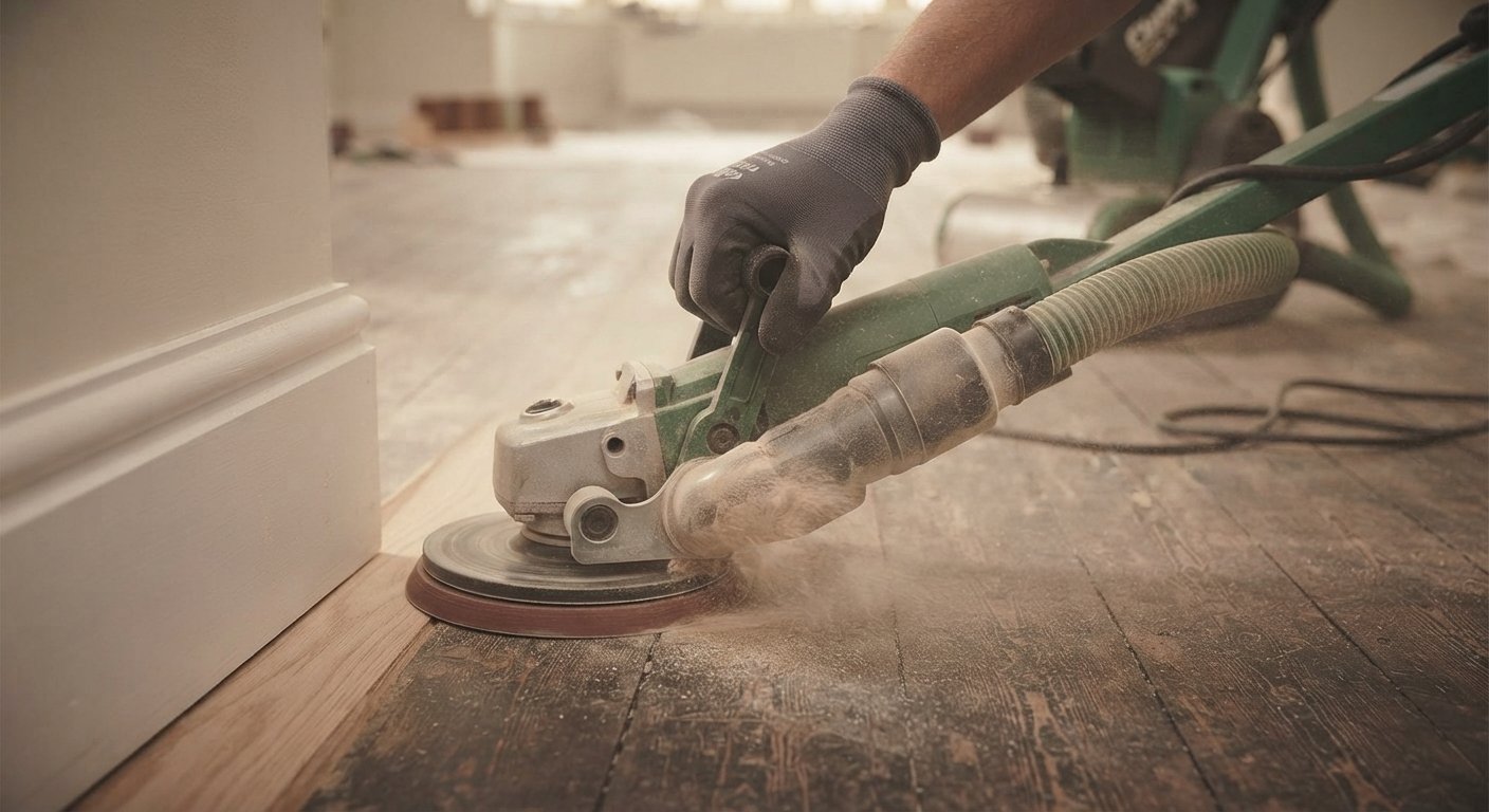 An edging sander being used to smooth the floor along the baseboard perimeter.