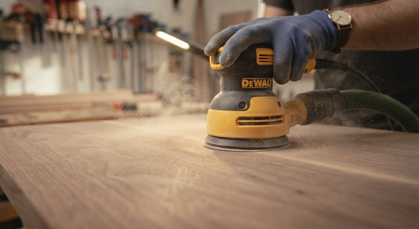 An orbital sander creating a clean, swirl-free finish on a wooden tabletop.