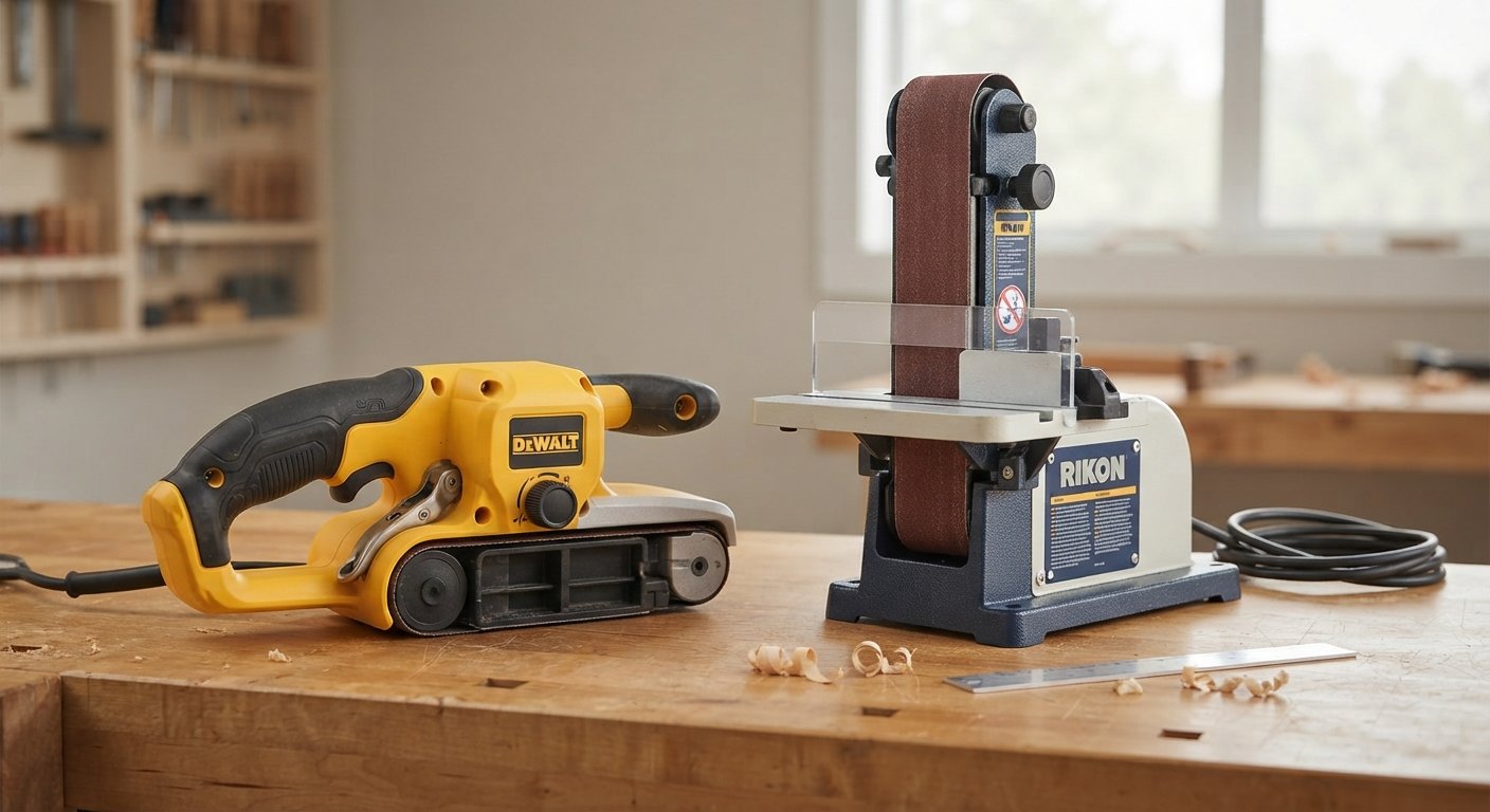 A handheld belt sander and a benchtop belt sander displayed side by side on a workbench.