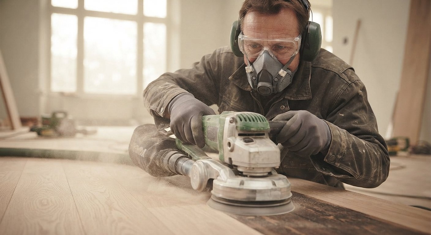 A worker wearing safety goggles, ear protection, and a respirator mask during floor sanding