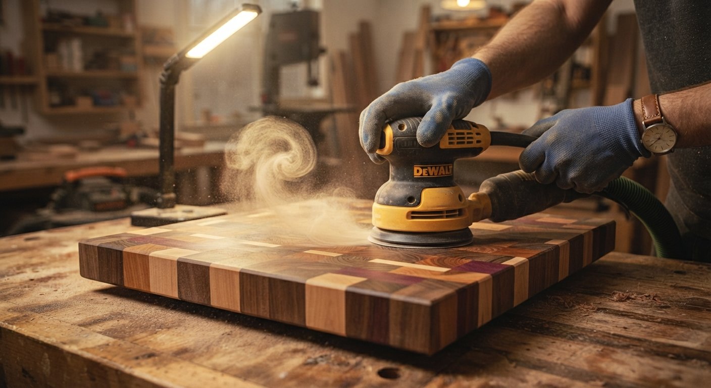 A router sled flattening a large glued-up end grain cutting board in a woodworking shop.