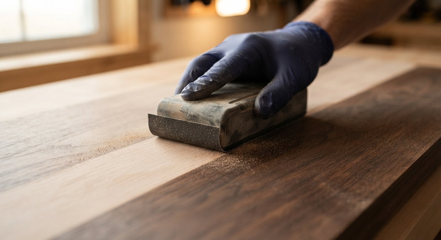 Applying a rich new coat of wood stain onto a freshly sanded wooden surface with a cloth.