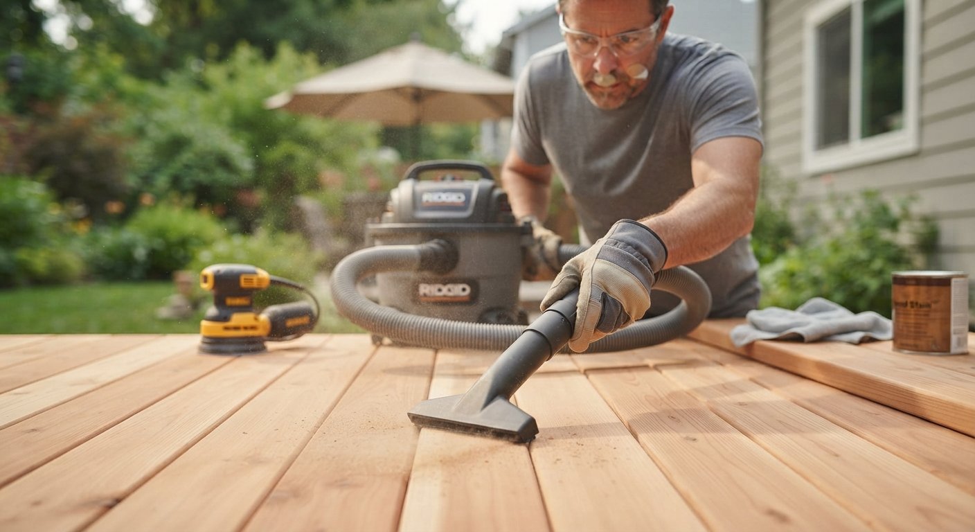 Using a shop vacuum to clean sanding dust off a smooth wooden deck.