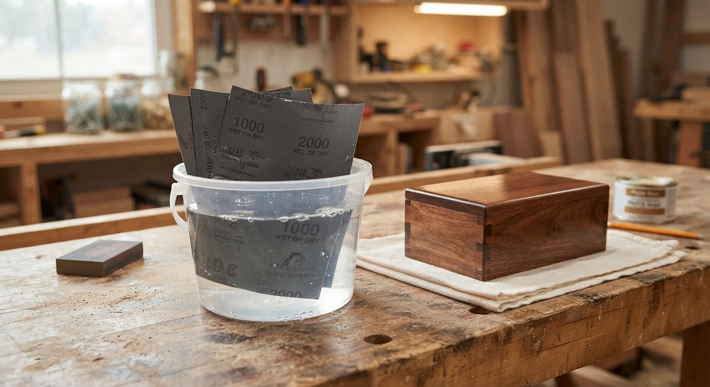 Waterproof sandpaper soaking in a bucket of water for a woodworking project.