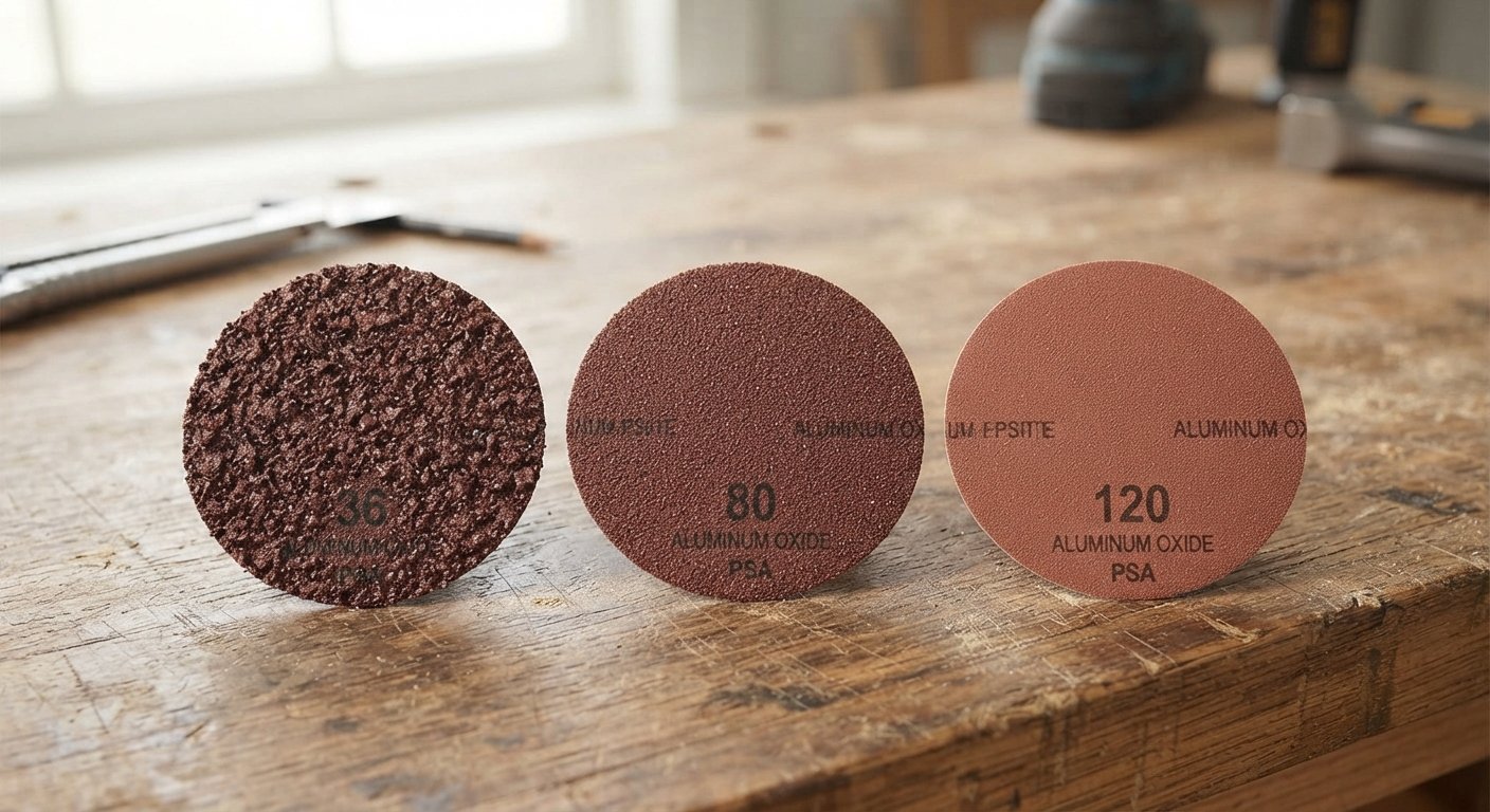 Coarse, medium, and fine grit sandpaper sheets displayed side by side on a workbench.